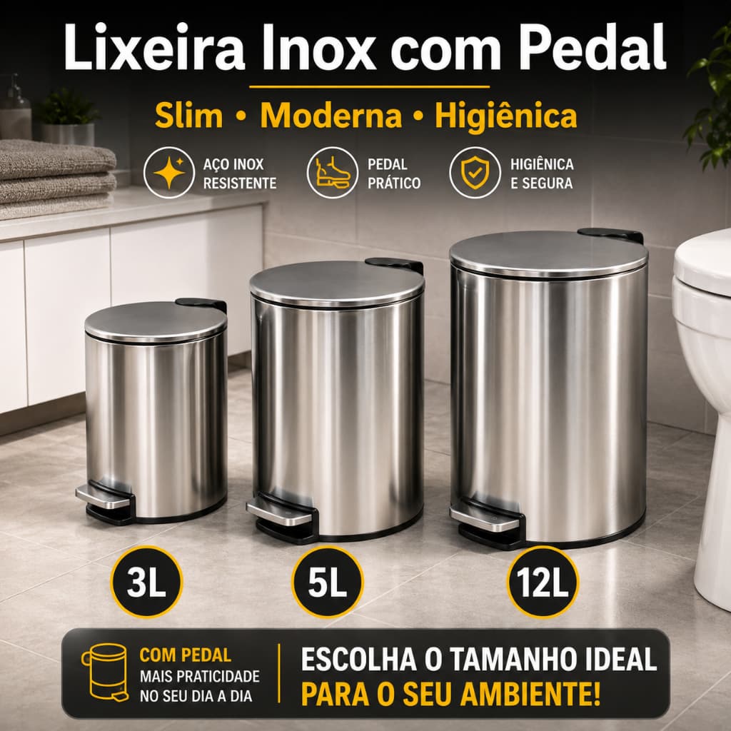Lixeira Premium Inox 3L, 5L e 12L Com Pedal Balde Interno Removível Banheiro Cozinha Lavabo