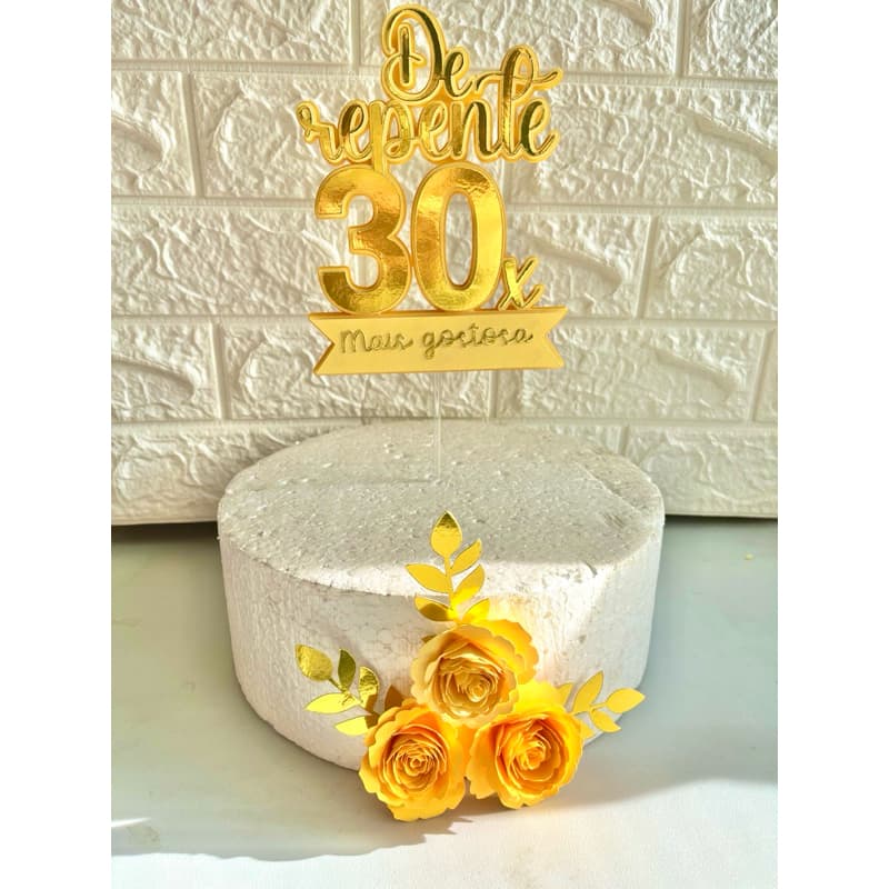 Topo de Bolo Feminino Luxo Dourado Espelhado Camadas Flores 3D