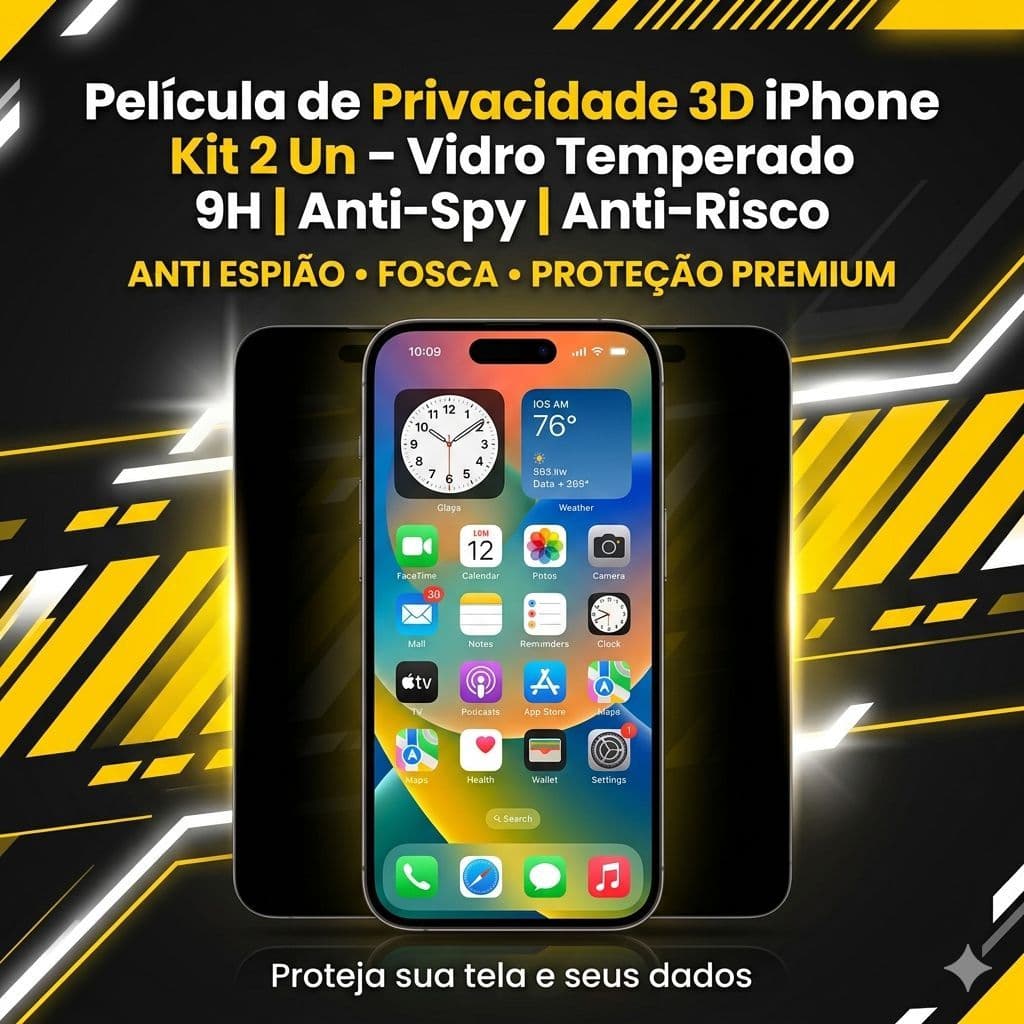 Película de Privacidade 3D iPhone Kit 2 Un – Vidro Temperado 9H | Anti‑Spy | Anti‑Risco (XR/11/12/13/14/15/16 | Pro/Max)