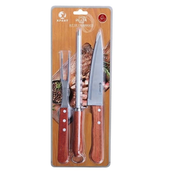 Kit 3 Peças Para Churrasco Com Cabo de Madeira - Aço Inox Faca Garfo e Chaira Afiador Premium Conjunto completo