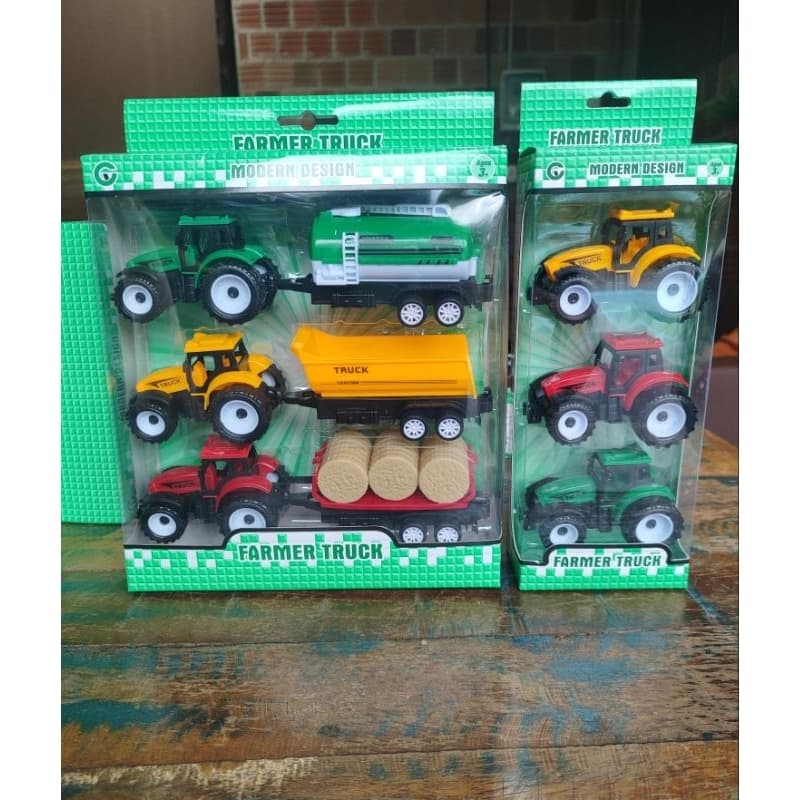 kit 3 Tratores c/ carreta + 3 tratores total 6 peças miniaturas