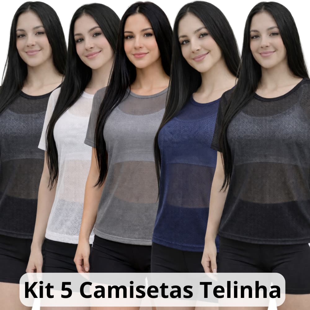 Kit 5 Camiseta Feminina Telinha Fitness Academia Esportes Praia Piscina Leve Respirável