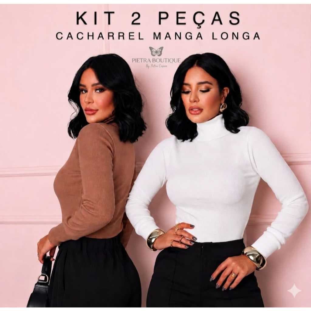 Kit 2 Blusa Cacharrel Flanelada Feminina Gola Alta Ribana p/ Frio | Modelo Canelado - Diversas Cores