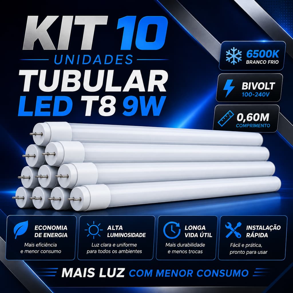 Kit 10 Lâmpada LED Tubular T8 9W 60cm Branco Frio 6500K Bivolt
