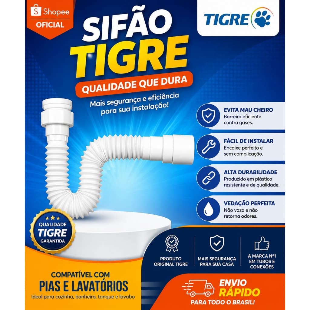 Sifão Tigre Universal Multiuso Flexível Sanfonado Extensível Para Pia Cozinha Lavatório Tanque
