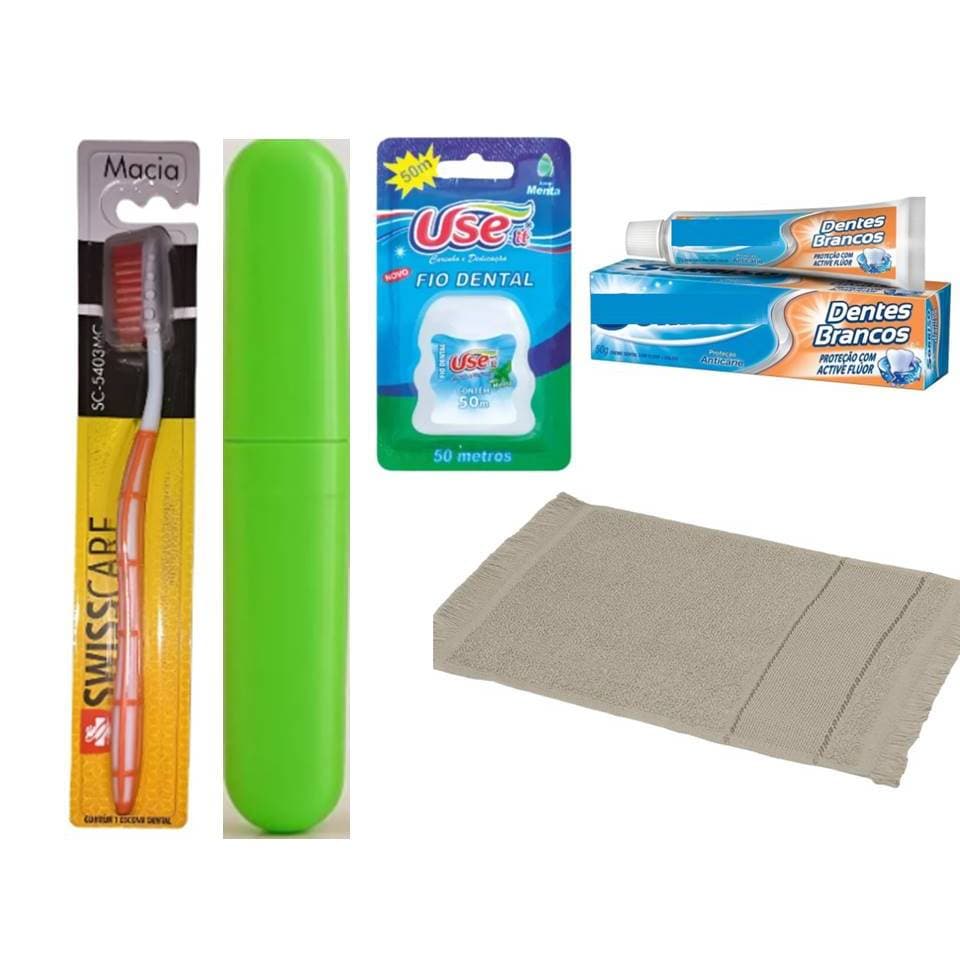 Kit Higiene ~ Escova de dente ~ porta escova ~ creme dental ~ Toalhinha ~ Fio dental 50m ~ Kit para academia viagem