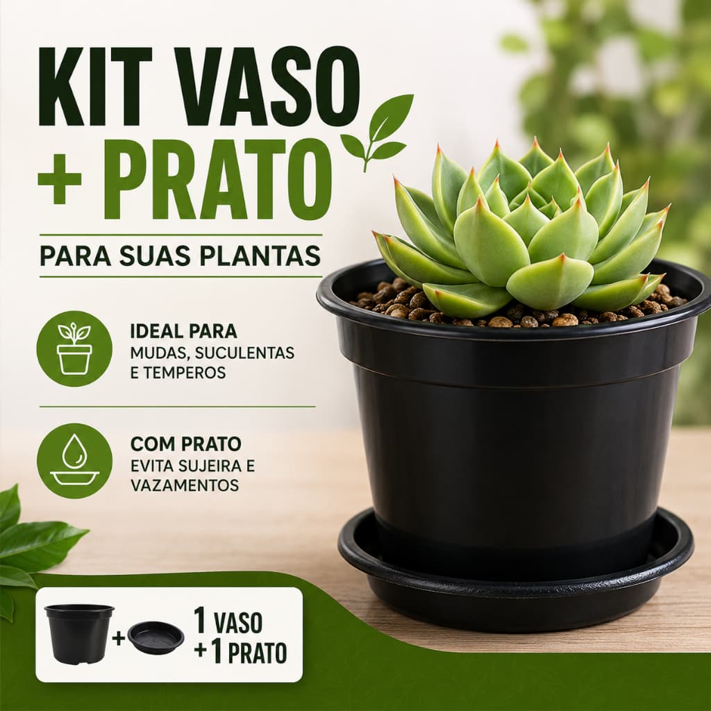 Kit Vaso Preto Com Prato Pequeno Para Plantas Suculentas Cactos Ervas Temperos Mudas 2 3 4 5 Kits 🌱