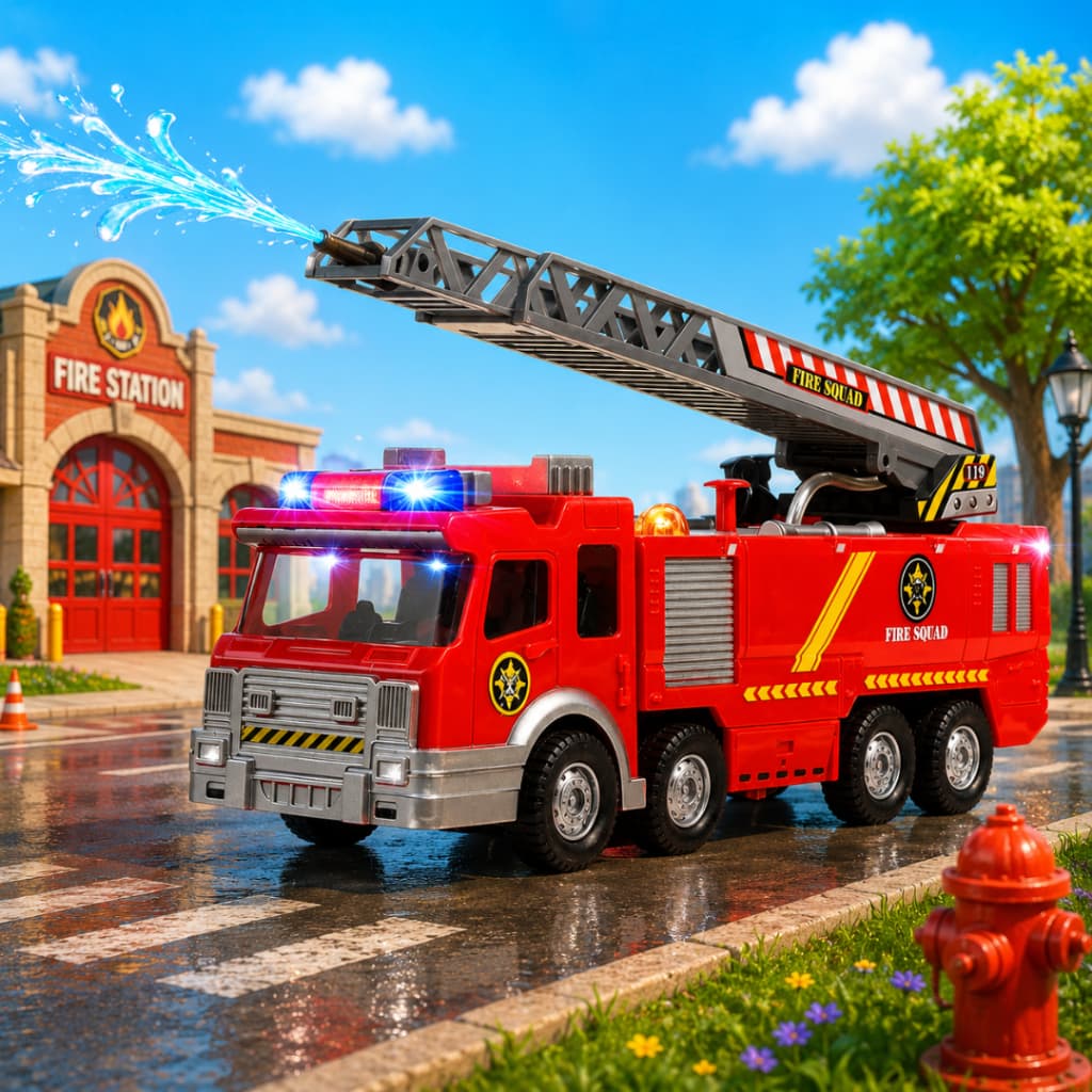 Caminhão Bombeiro Lança Jato de Água Com Sirene Brinquedo Bate Volta Luz e Som