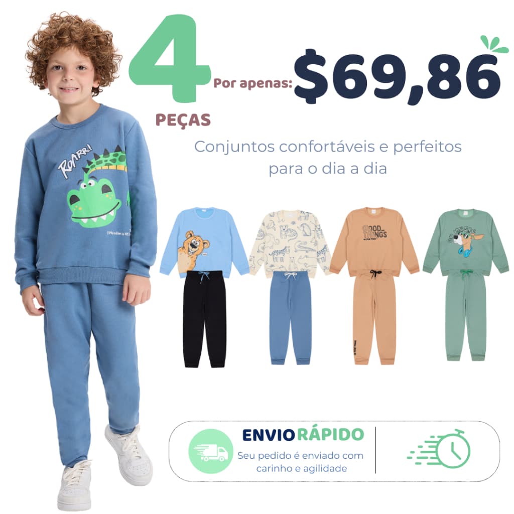 Kit Sortido 4 Peças de Roupas Infantil Menino Moletom Peluciado Inverno 2 ao 10 anos