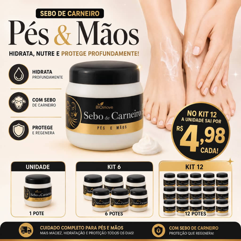 Creme Sebo de Carneiro 240 g Hidratante Pés e Mãos Pele Seca Ressecada