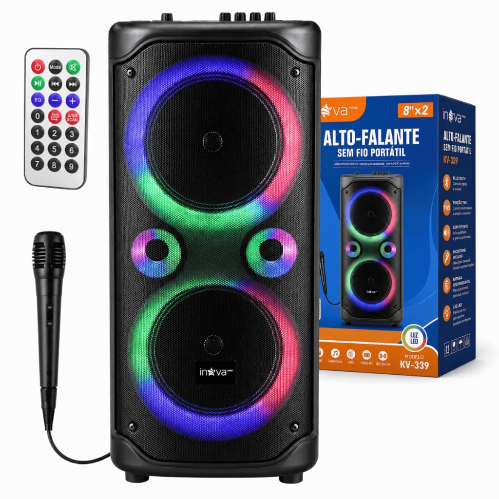 Caixa de Som Amplificada Bluetooth LED Bateria Recarregável com Microfone