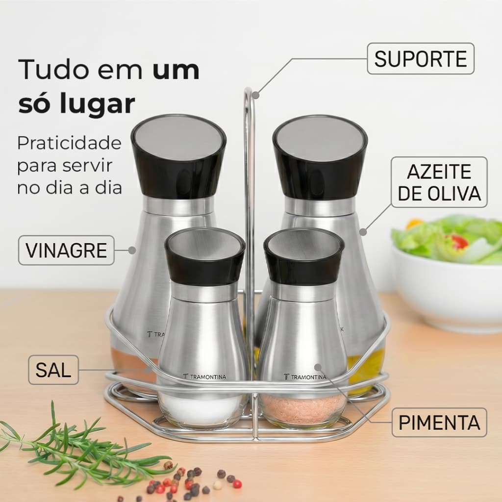 Kit Galheteiro Realce com Vidro, Inox e Suporte 4 Peças