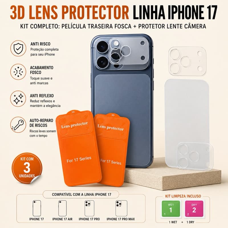 Película Traseira Fosca  1 ou 3 unidades iPhone 17 17 Air 17 Pro 17 Pro Max + Protetor Lente Câmera Anti Risco Premium