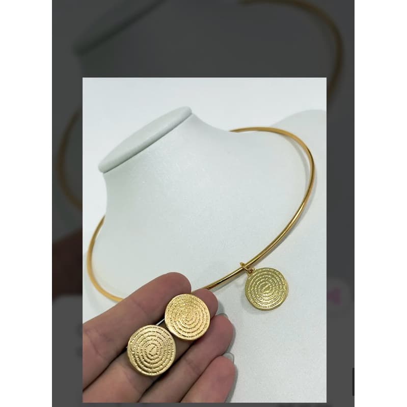 Conjunto de Colar + Brinco Oração Pai Nosso Medalhinha Choker  Veneziana Banhado a Ouro 18k Antialérgico