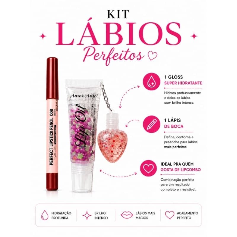 Kit Maquiagem Labial Gloss + Lápis Labial Longa Duração