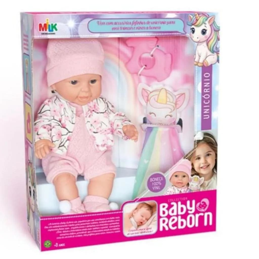 Boneca Bebe Reborn com Naninha de Unicórnio e Mordedor