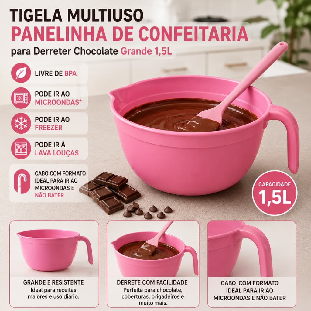 Tigela 1,5 Litros Para Derreter Chocolate Multiuso Rosa Pode Ir em Microondas Freezer e Lava Louças