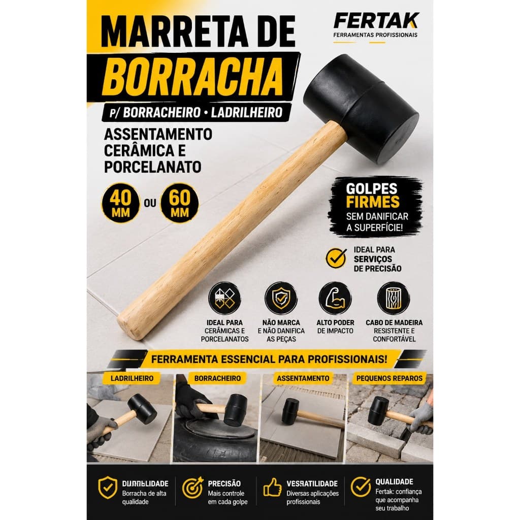 Marreta de Borracha P/ Borracheiro Ladrilheiro Assentamento Cerâmica e Porcelanato - Fertak