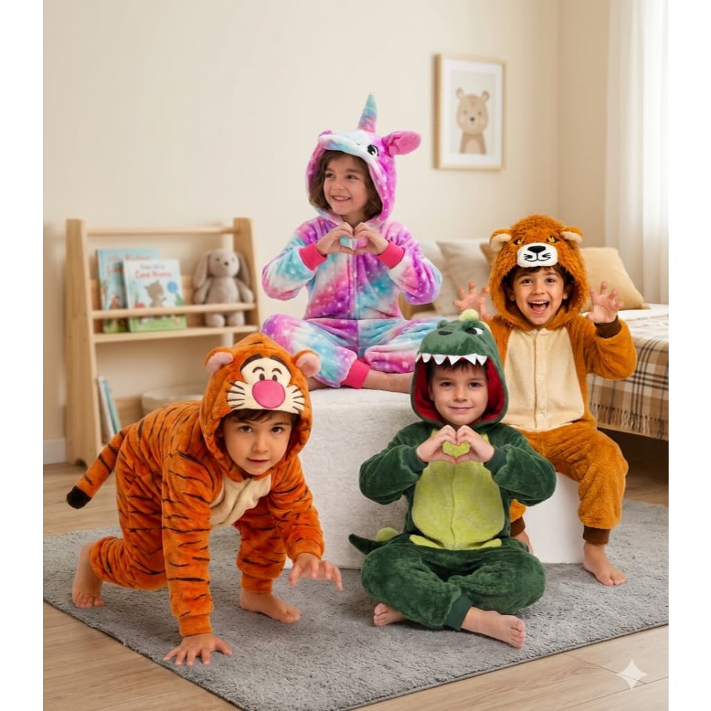 Pijama Macacão Dinossauro Tigre Leão Unicórnio Infantil Unissex Pelúcia Festa Confortável Criança