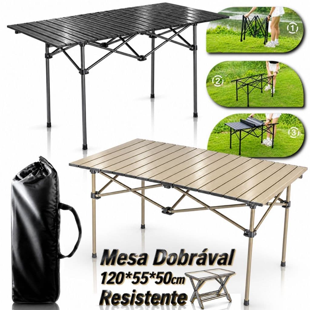 Mesa Dobrável Portátil Regulável Camping Praia Piquenique Alumíni, Com Bolsa e Cesto Removível