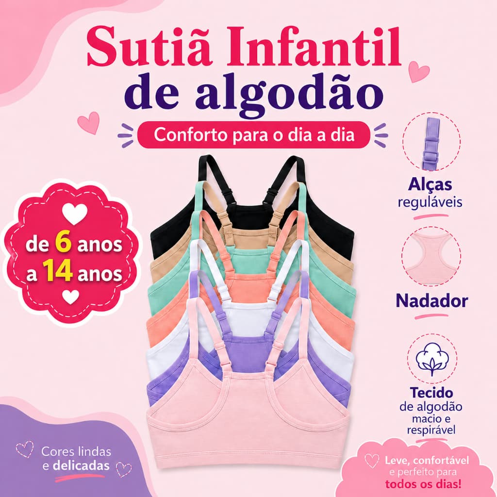 Kit Sutiã Algodão Infantil Juvenil Nadador Cotton Menina Moça
