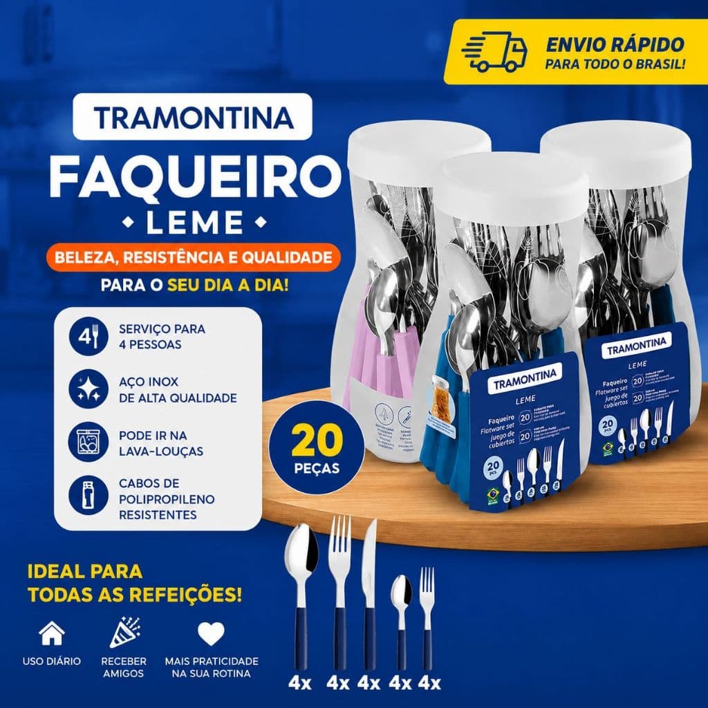 FAQUEIRO LEME 20 PEÇAS - AÇO INOX - 20 PEÇAS - ORIGINAL - TRAMONTINA - COZINHA - TALHERES