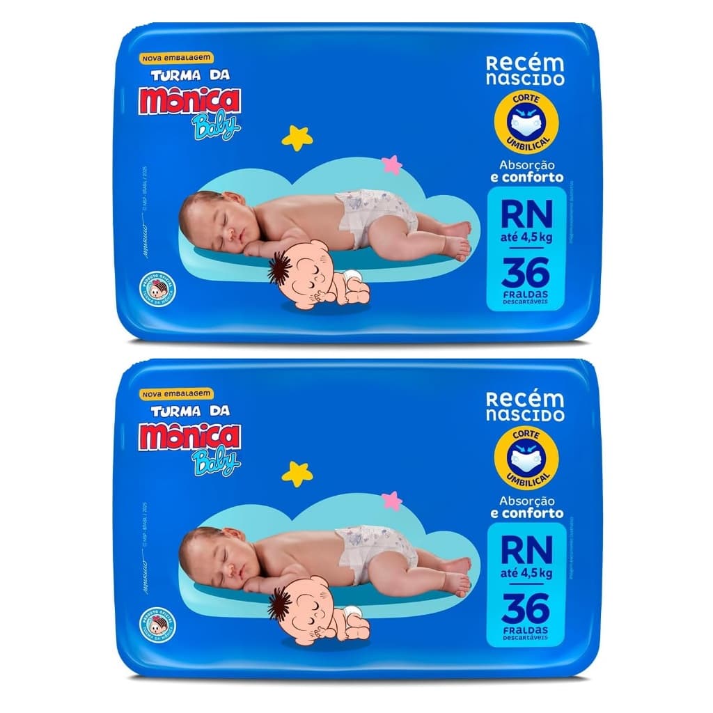 kit 2ptes Fralda Turma da Mônica RN 36 Unidades Cada