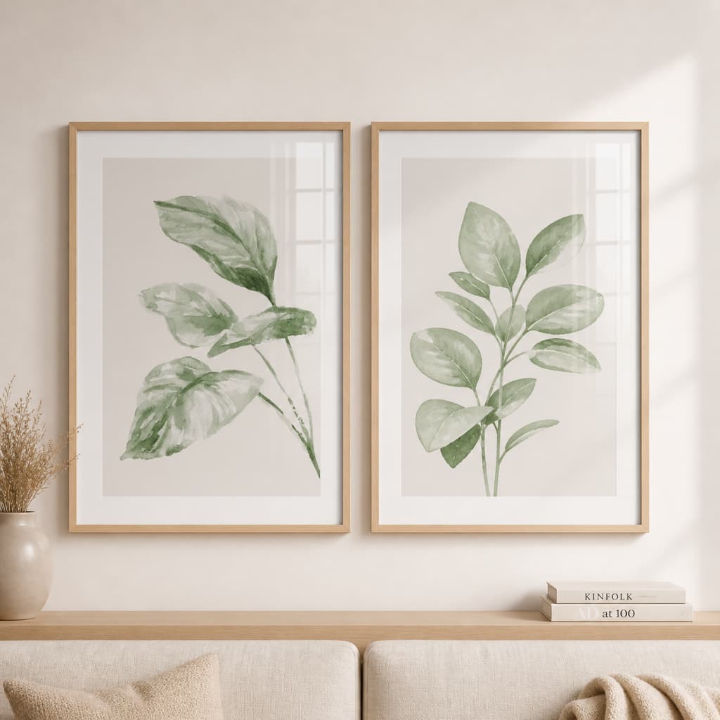 Kit 2 Quadros Decorativos Folhas Verdes Aquarela Botânica para Sala e Quarto Clean Com Moldura e Vidro