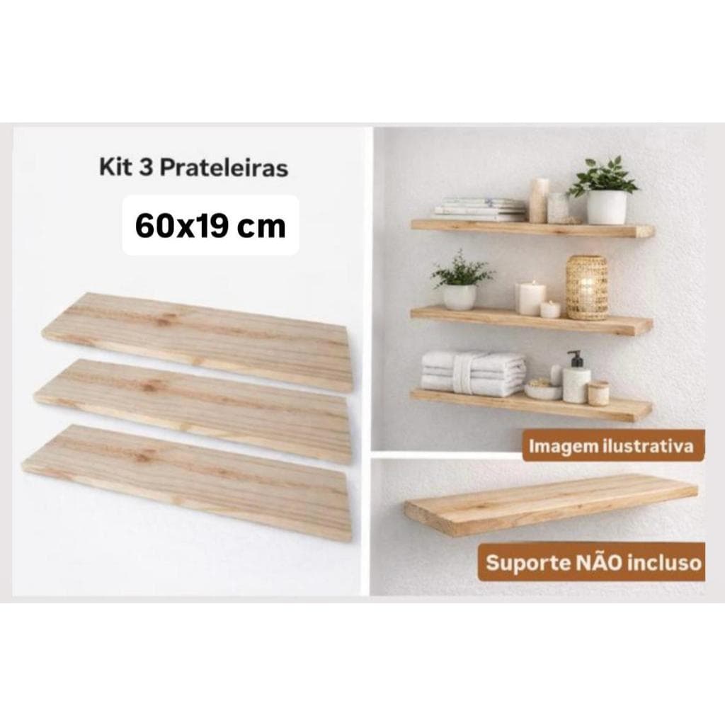 Prateleira de Madeira, Pinus, Tábua, Prancha, 60cm x 19cm, Kit com 3