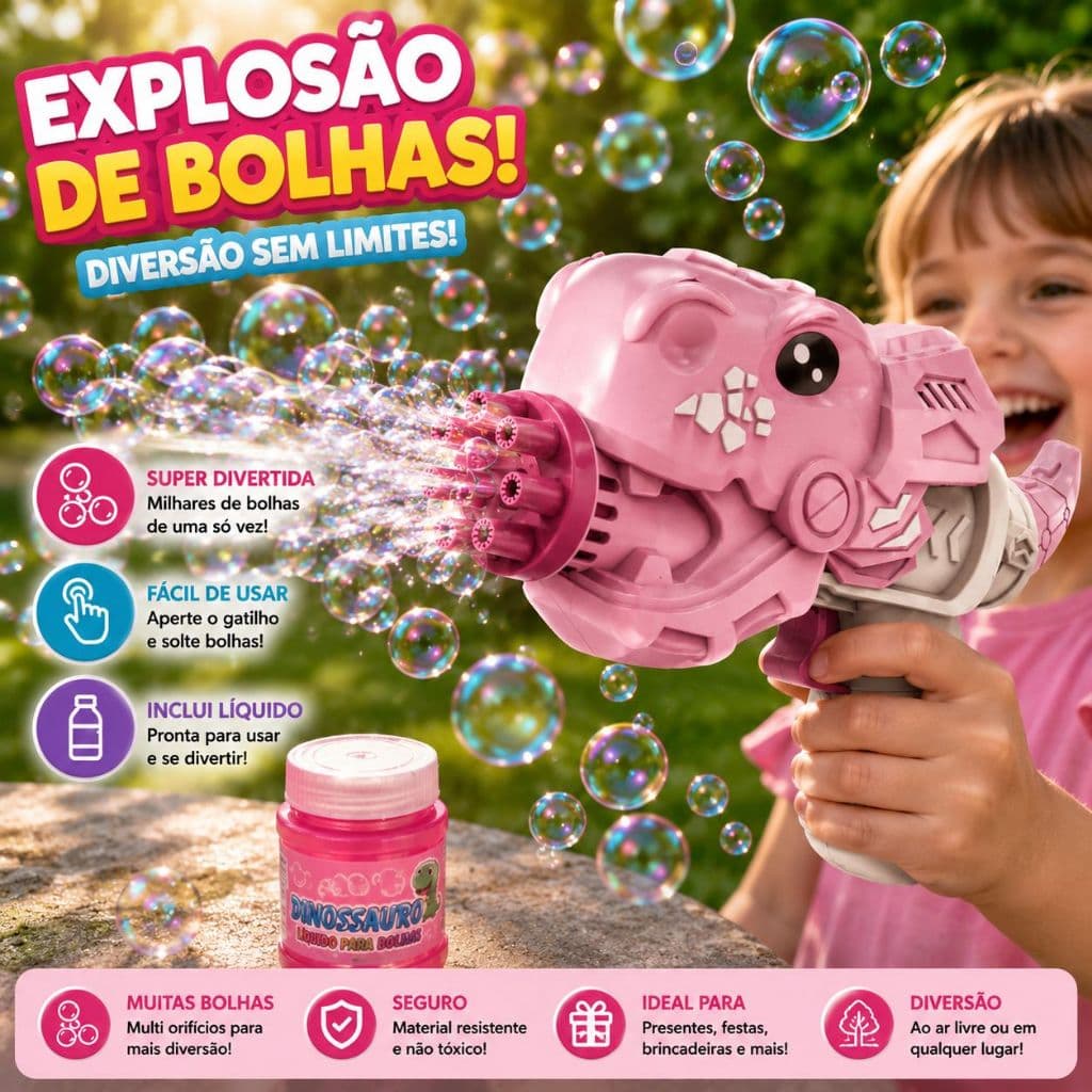 Brinquedo Lança Bolhas Sabão Pistolinha Automática Colorida Dinossauro Menino Menina