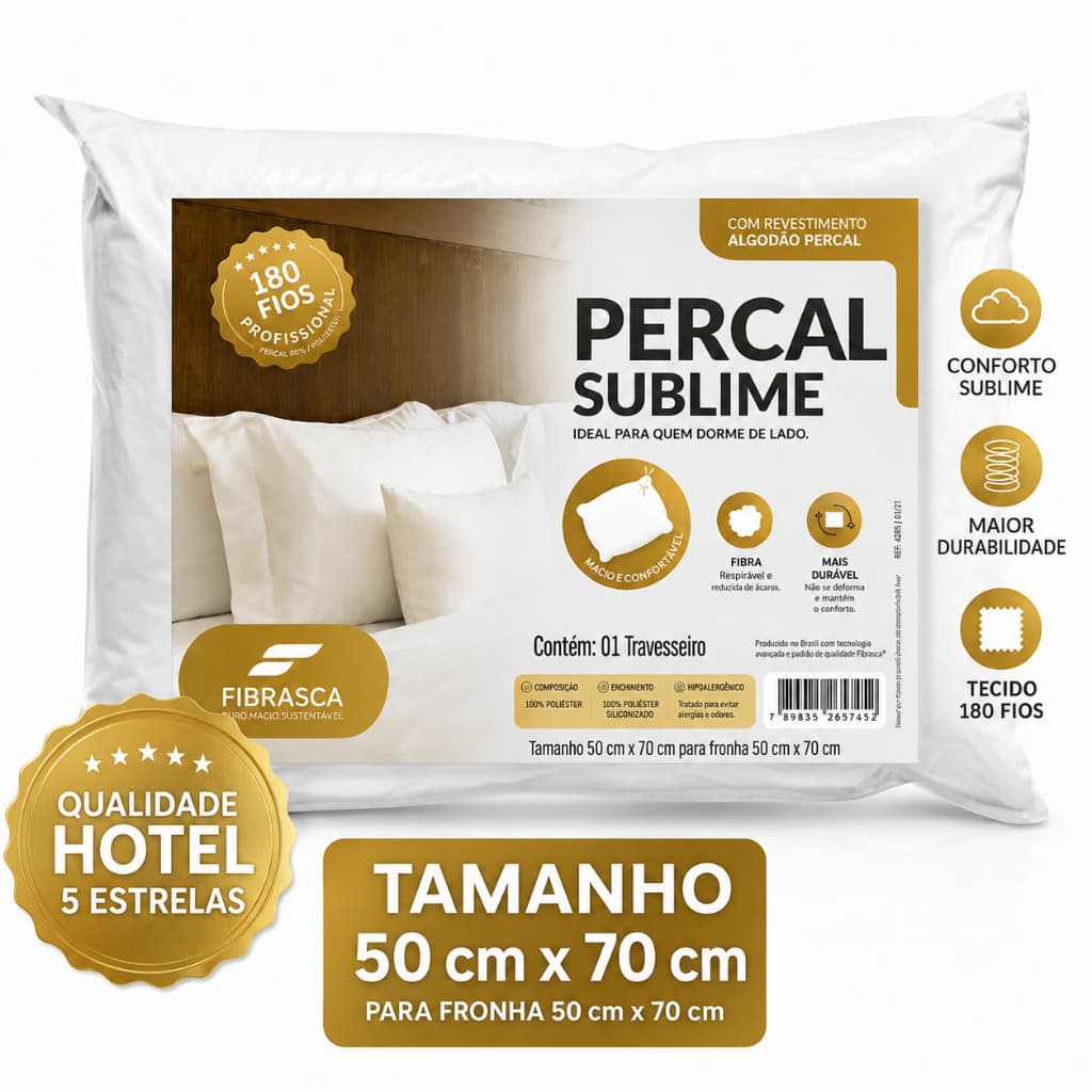 Travesseiro Macio Branco Percal Sublime Confortável para Hotel 70x50cm