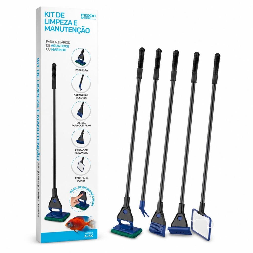 Kit Manutenção Aquário 5 Em 1 Com Rede Raspador E Limpador De Vidro