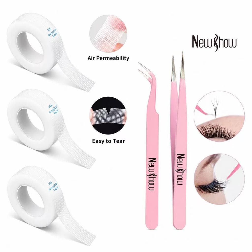 New Show kit pinças de precisão (Pinça curva + Pinça reta) + 3pcs Fita 9m micropore para extensão de cílios-RicH