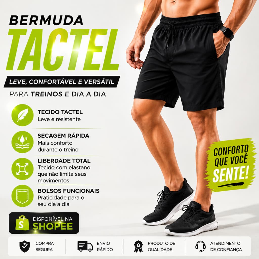 Bermuda/Short Tactel com Elastano Treino Corrida Leve Seca Rápido Inverno Termica