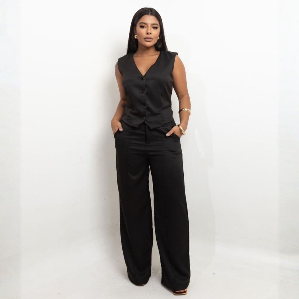 Conjunto Feminino Alfaiataria Blusa Colete e Calça Pantalona Social Moda Elegante Com Botão
