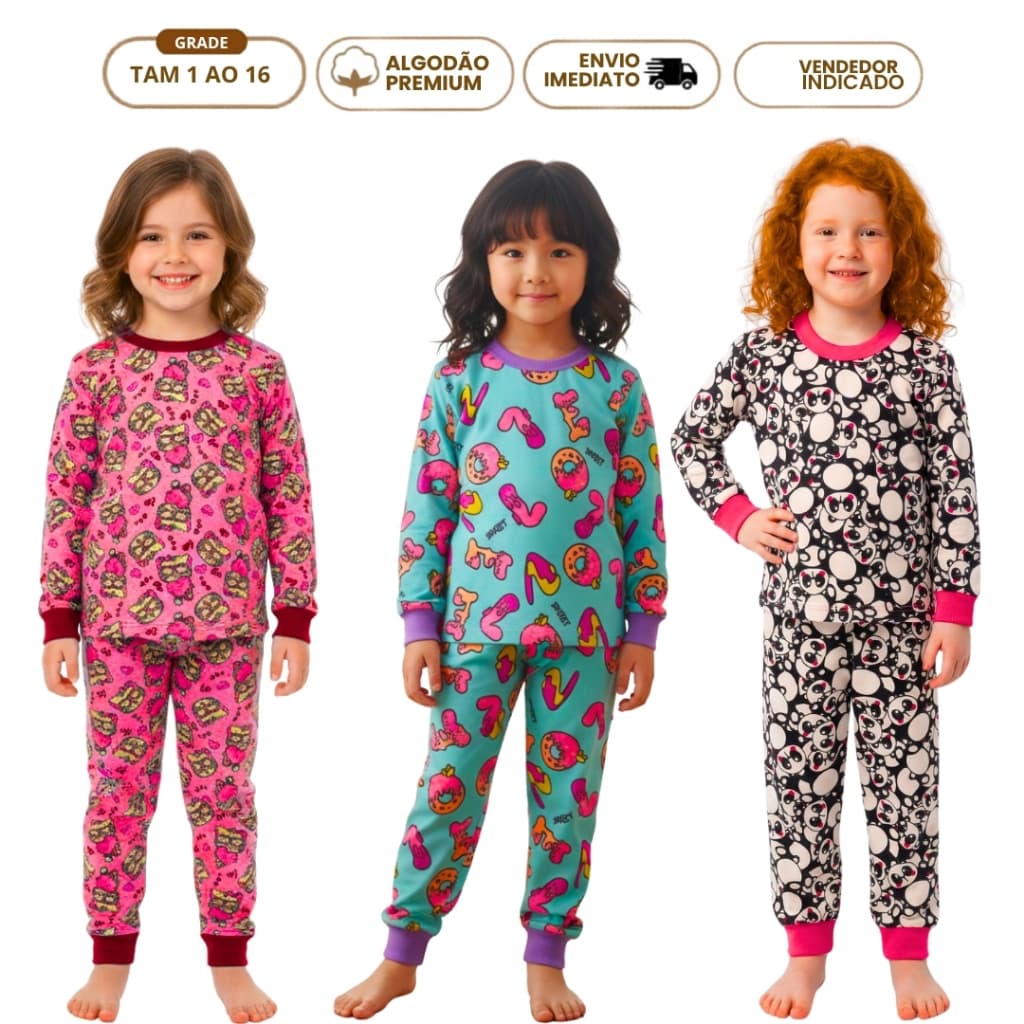 Kit 4 Peças Pijama Infantil Feminino Inverno Algodão 2 Camiseta Manga Menina 2 Calça Punho 1 a 16