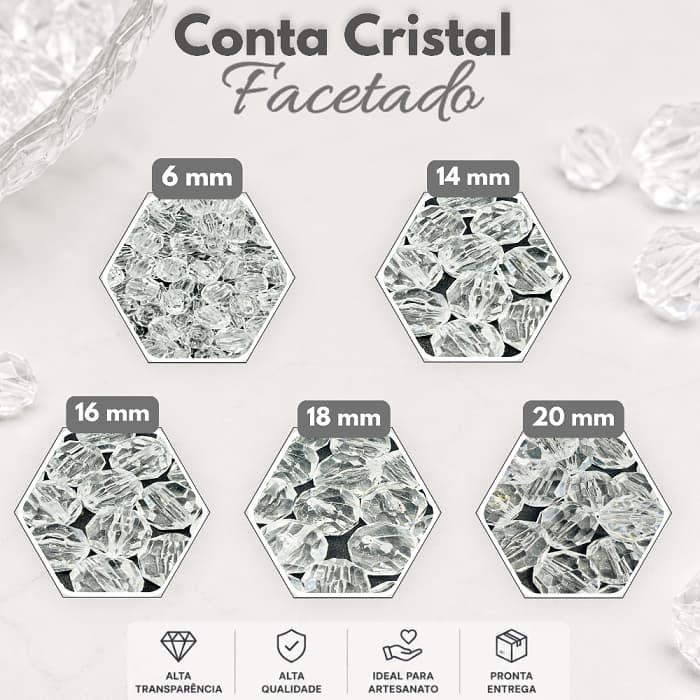 Conta Acrílico Facetado Sextavado COR Cristal c/ Furo 500 Gramas