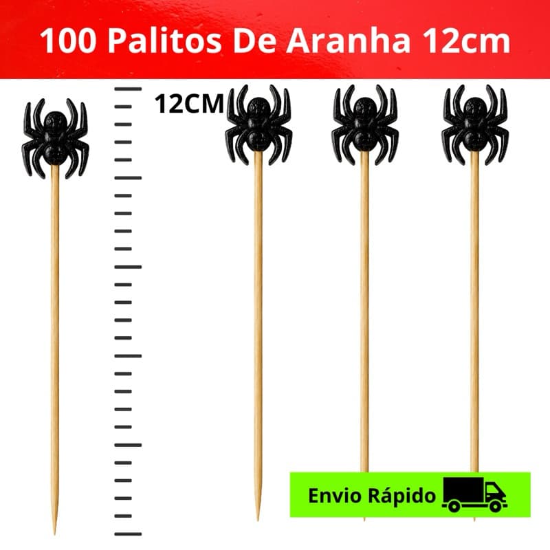 KIT 100 Palitos de Bambu com tema de Aranha 12 Cm Halloween