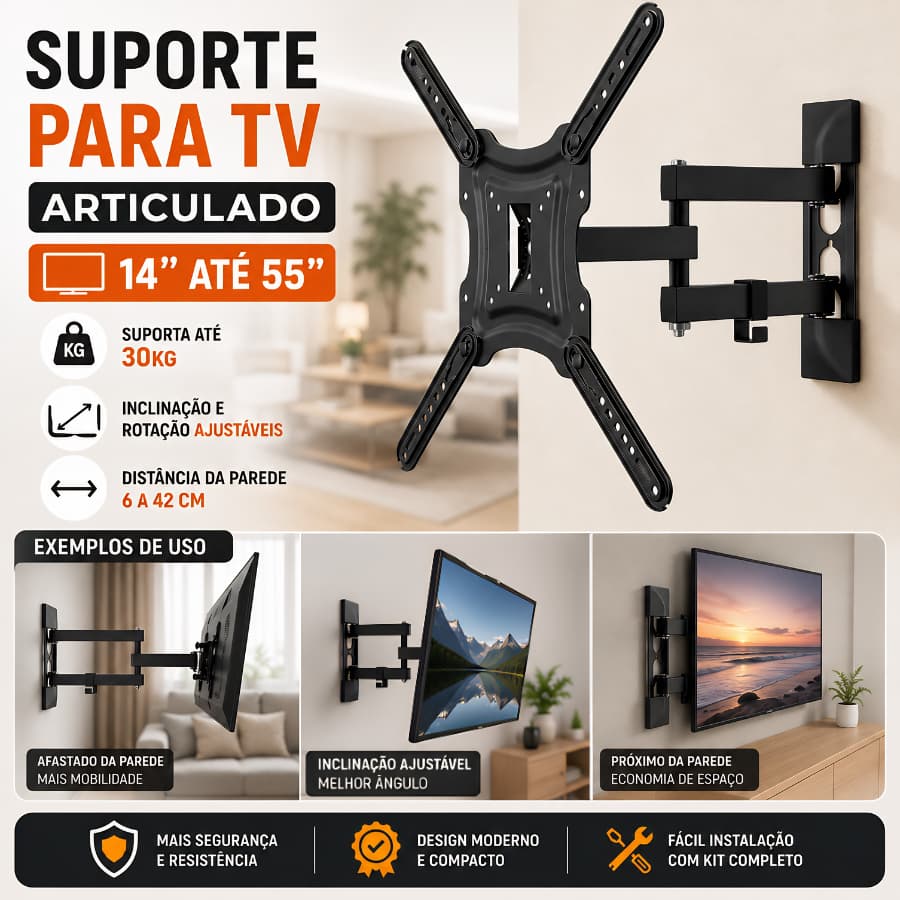 Suporte TV Articulado 14 a 55 Polegadas Universal Vesa Braço Parede Smart TV LED LCD OLED