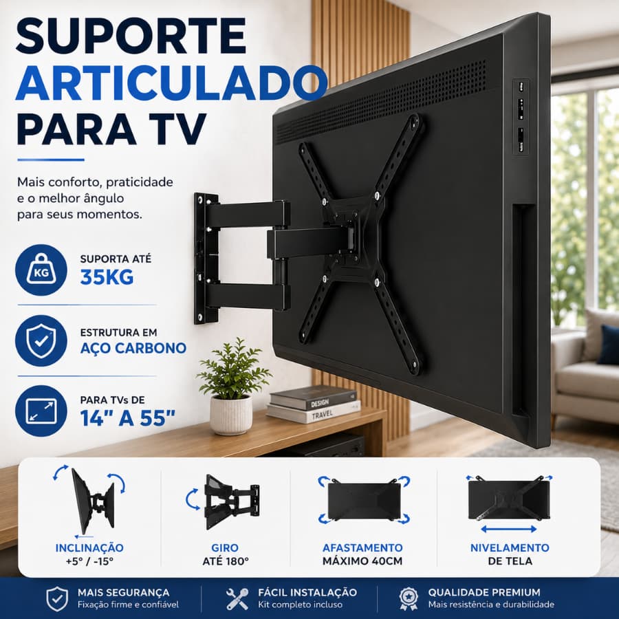 Suporte TV Retrátil Articulado Universal Aço Carbono Resistente 14 a 55