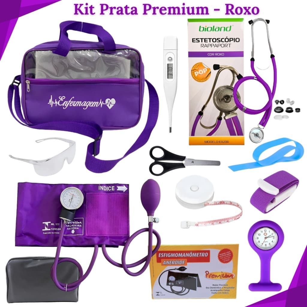 Kit para Enfermagem Completo Prata para Estágio com Bolsa Transparente, Aparelho de Pressão, Esteto e Relógio de Lapela