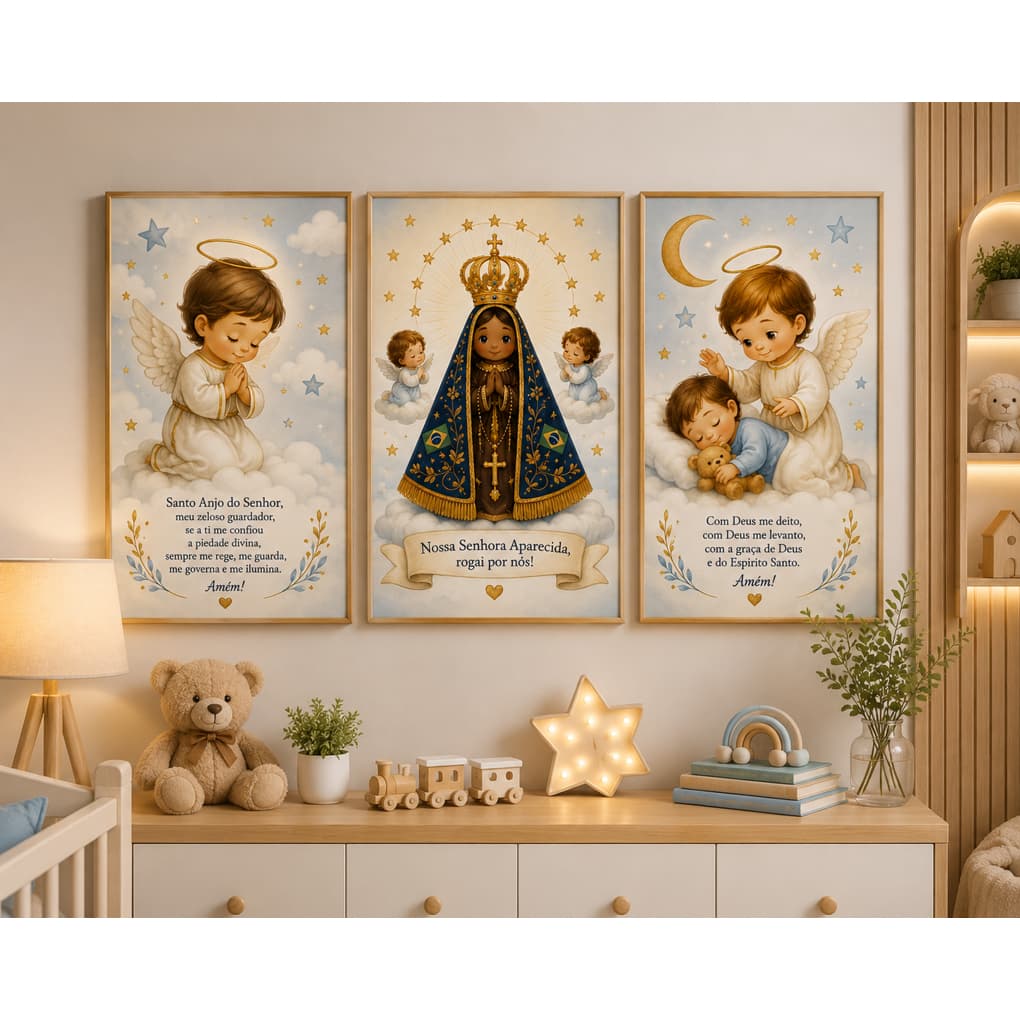 Quadro Nossa Senhora Aparecida 3 Peças Decorativo Religioso Com Frase Bege e Dourado Sala Quarto