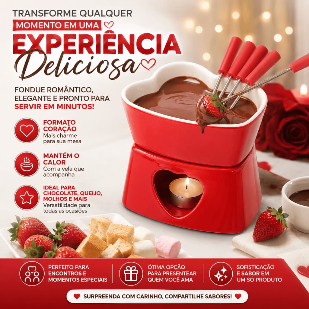 Aparelho de Fondue 7 Peças Cerâmica Coração Kit Fondue Chocolate Queijo Para Casal