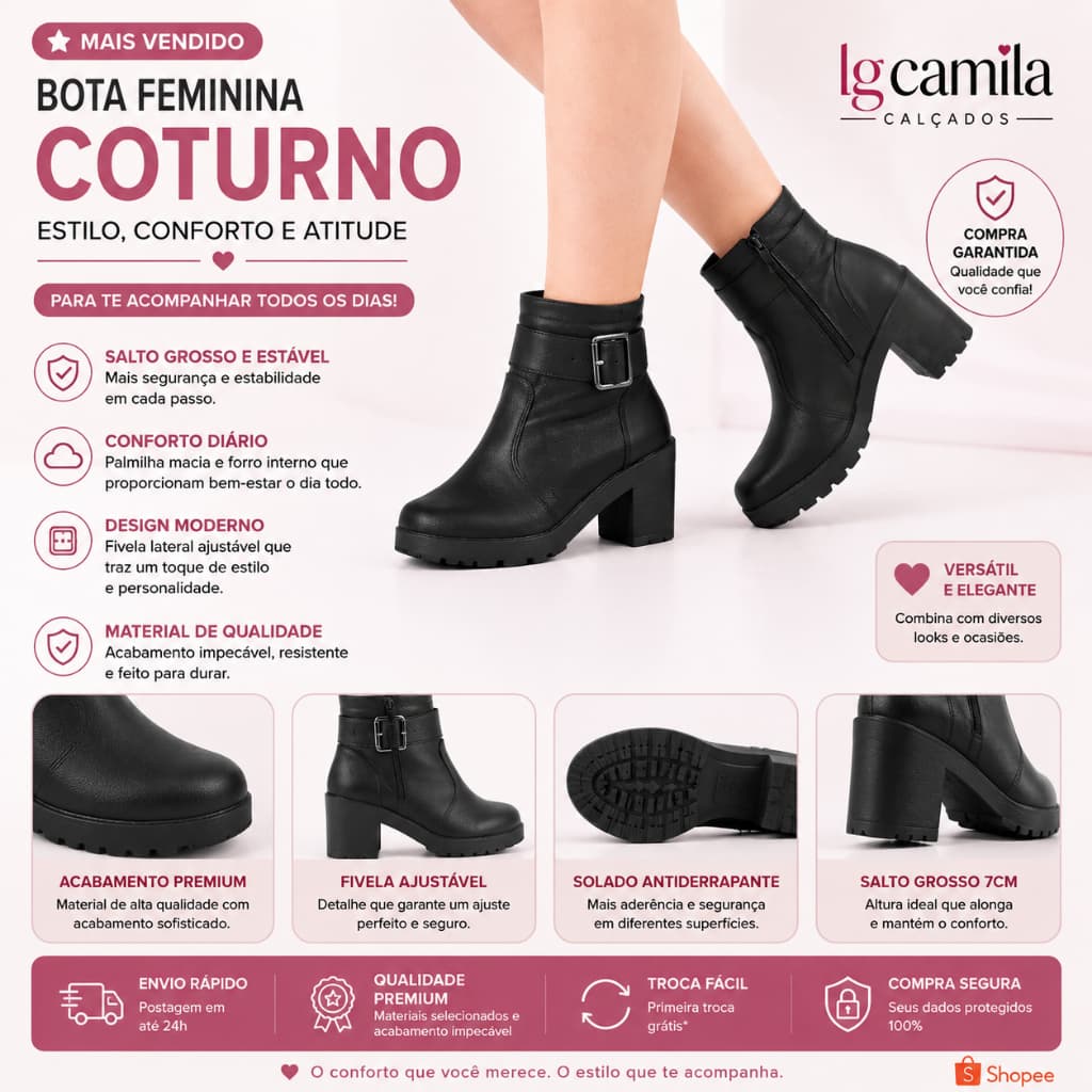 Bota feminino coturno detalhe de fivela bico redondo com zíper