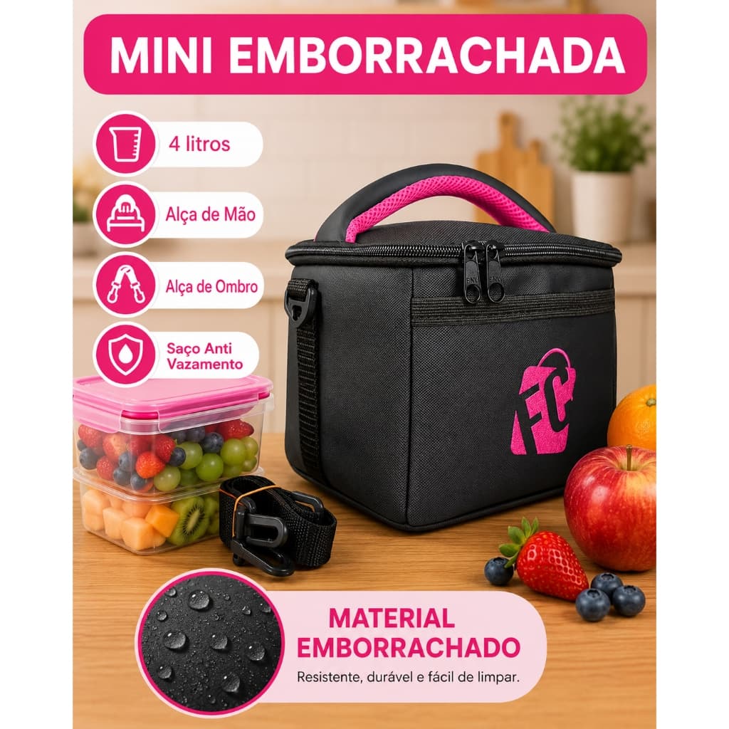 Bolsa Térmica Fitness Impermeável Lancheira Marmiteira Emborrachada Preta C Pink
