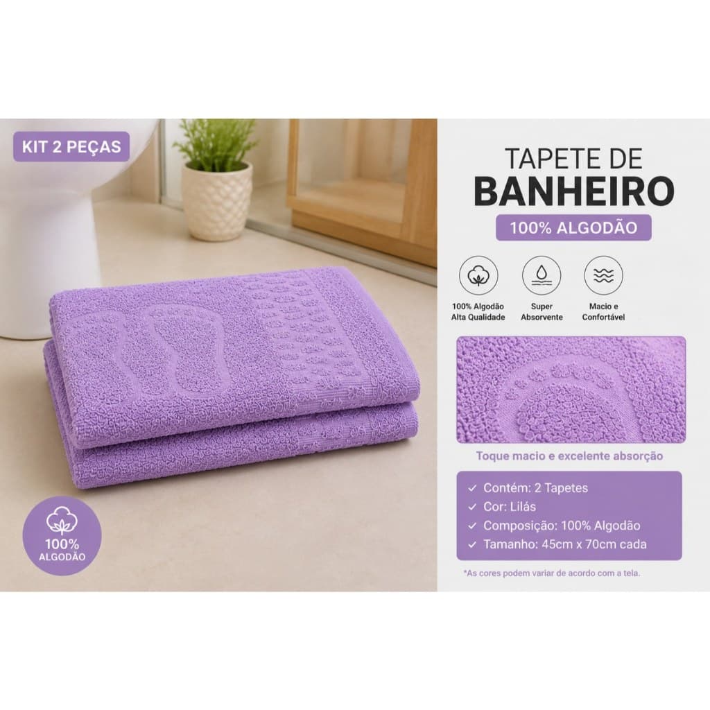 Kit 2 Tapetes Banheiro 45x70 100% Algodão Macio Absorvente