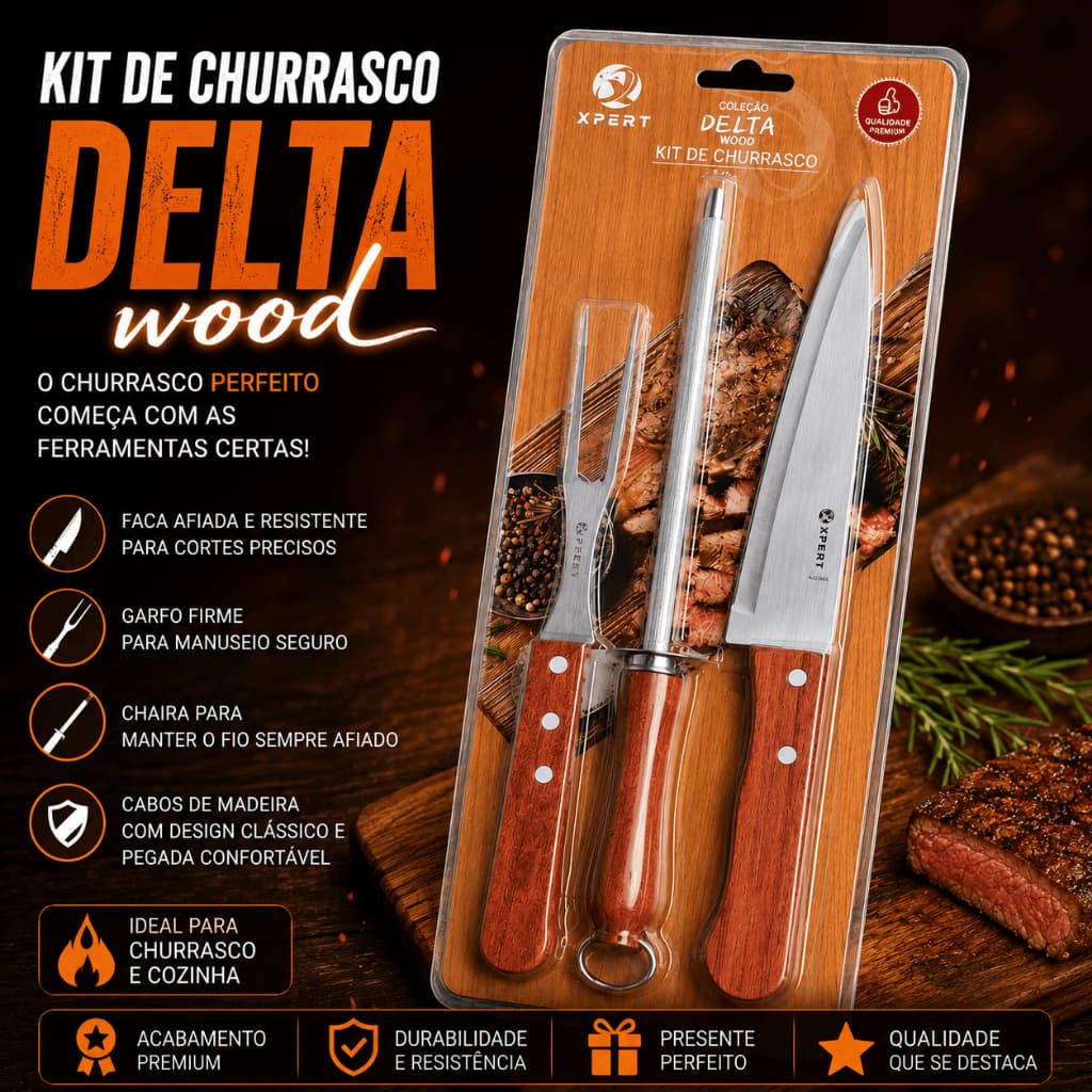 Kit 3 Peças Para Churrasco Com Cabo de Madeira resistente carnes assados - Aço Inox