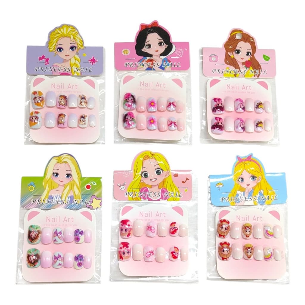 Kit com 6 cartelas De Unhas Postiças Para Crianças Auto-adesivas 12 Unidade Princesas