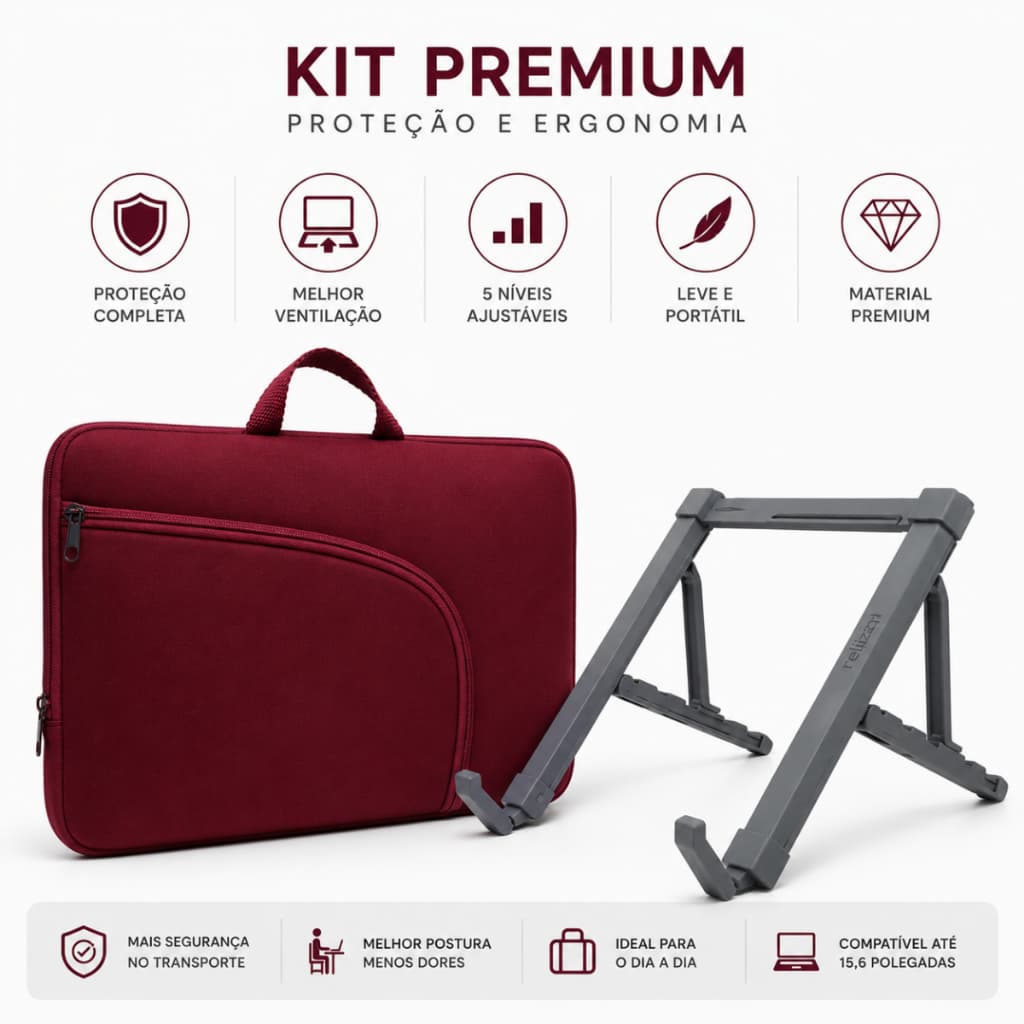Kit Capa Case Luva para Notebook Leptop 15,6 Vinho + Suporte Notebook ABS Cinza