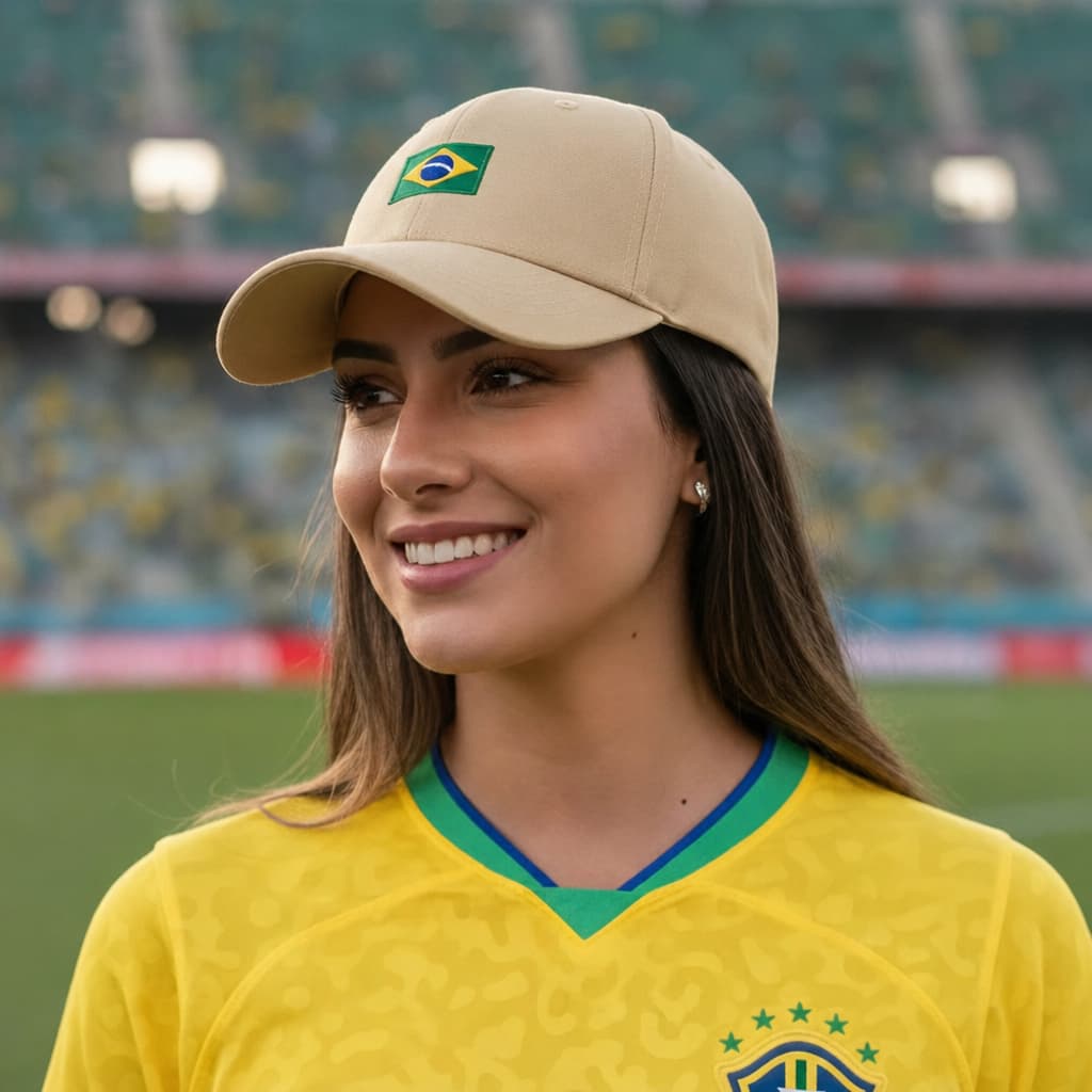 Boné Feminino do Brasil Bege Aba Curva Bandeira Bordado Boné Copa do Mundo Seleção Brasileira Regula